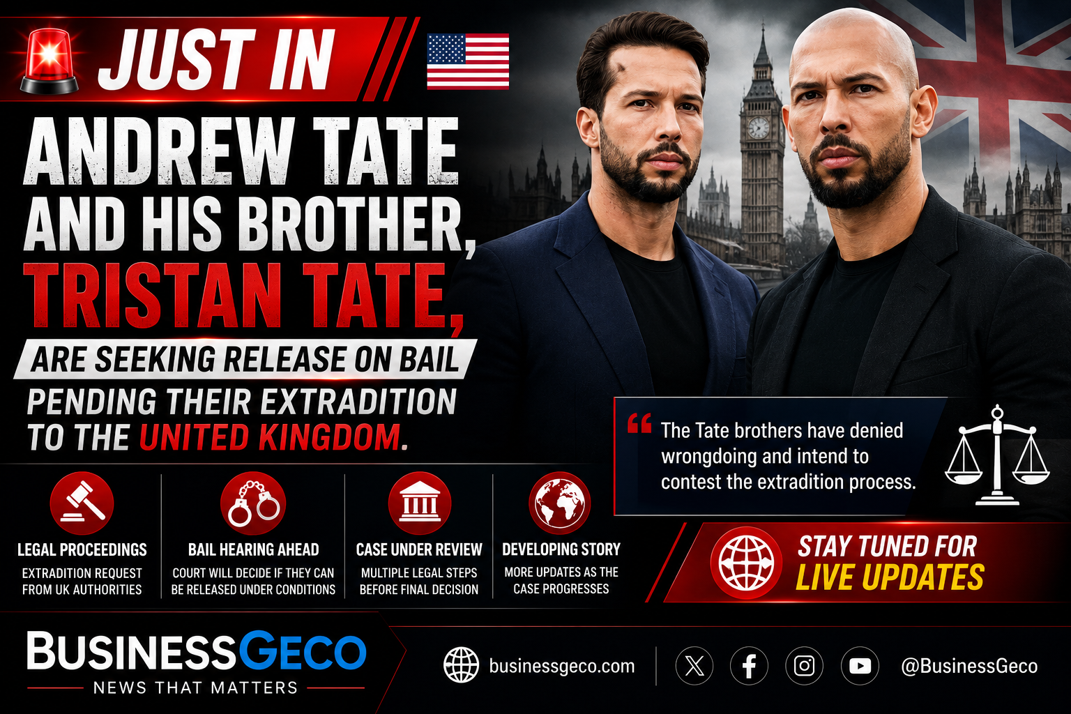 Andrew Tate and Tristan Tate Seek Bail Pending Extradition to the United Kingdom