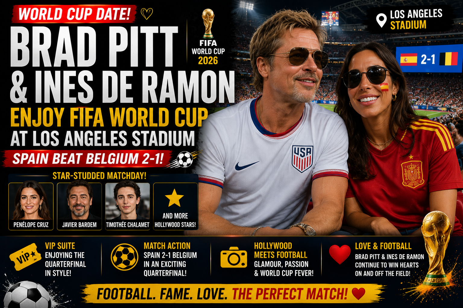 Brad Pitt and Ines de Ramon Enjoy FIFA World Cup Date at Los Angeles Stadium