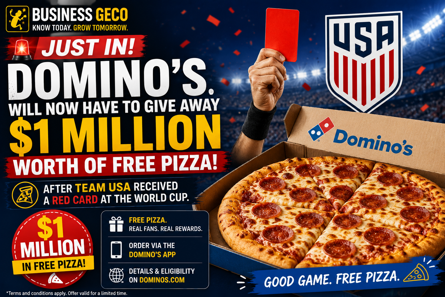 Domino's To Give Away $1 Million In Free Pizza After Team USA Receives Red Card At FIFA World Cup