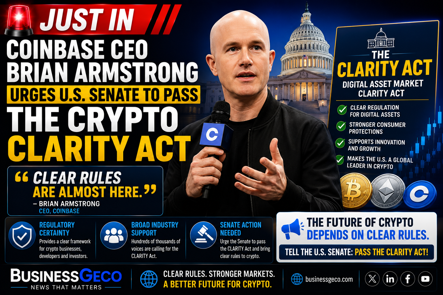 Coinbase CEO Brian Armstrong Urges U.S. Senate to Pass the Crypto CLARITY Act