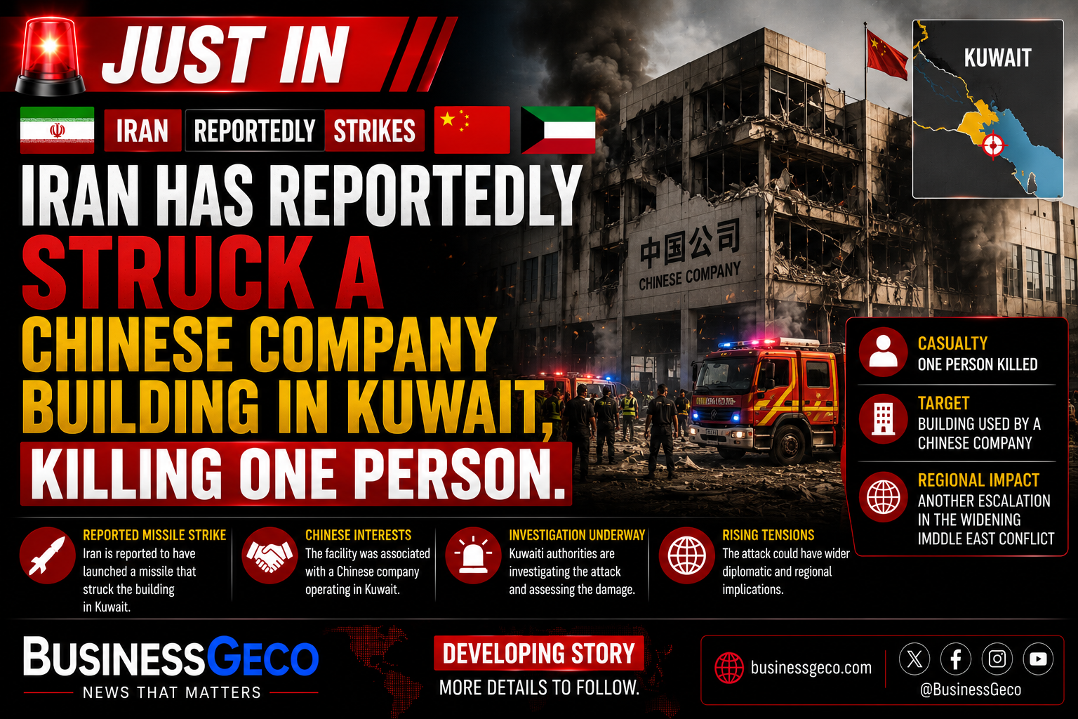 Iran Reportedly Strikes Chinese Company Building in Kuwait, One Person Killed