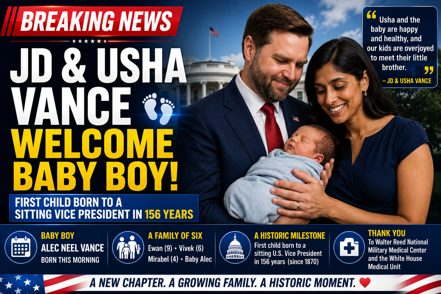 JD and Usha Vance Welcome Baby Boy, First Child Born to a Sitting U.S. Vice President in 156 Years