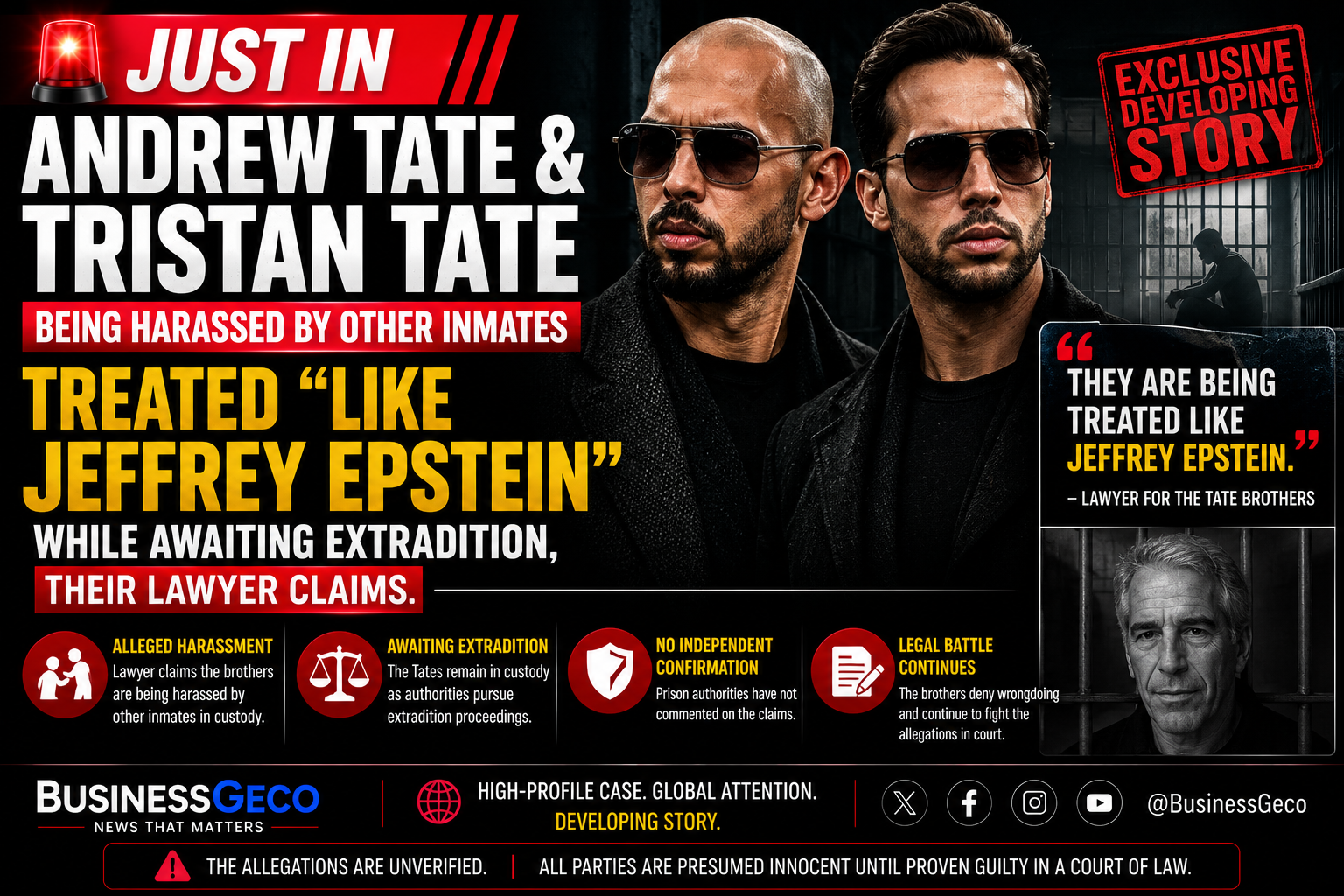 Lawyer Claims Andrew and Tristan Tate Are Being Harassed by Other Inmates While Awaiting Extradition