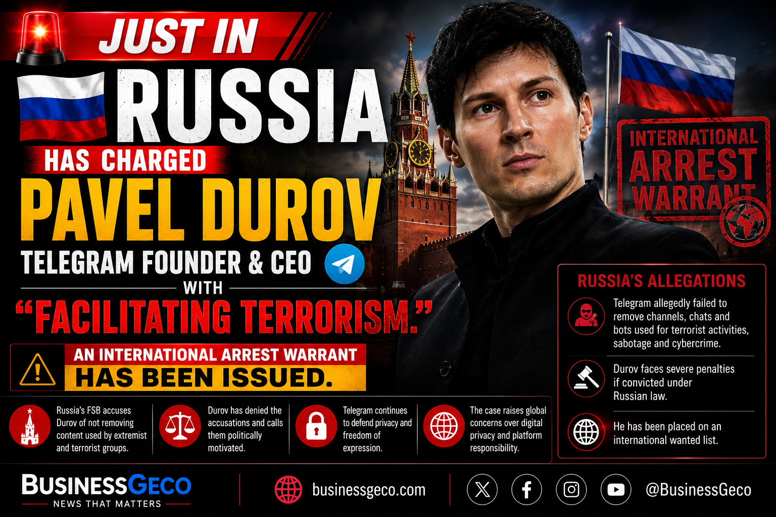 Russia Charges Telegram Founder Pavel Durov With Facilitating Terrorism, Issues International Arrest Warrant