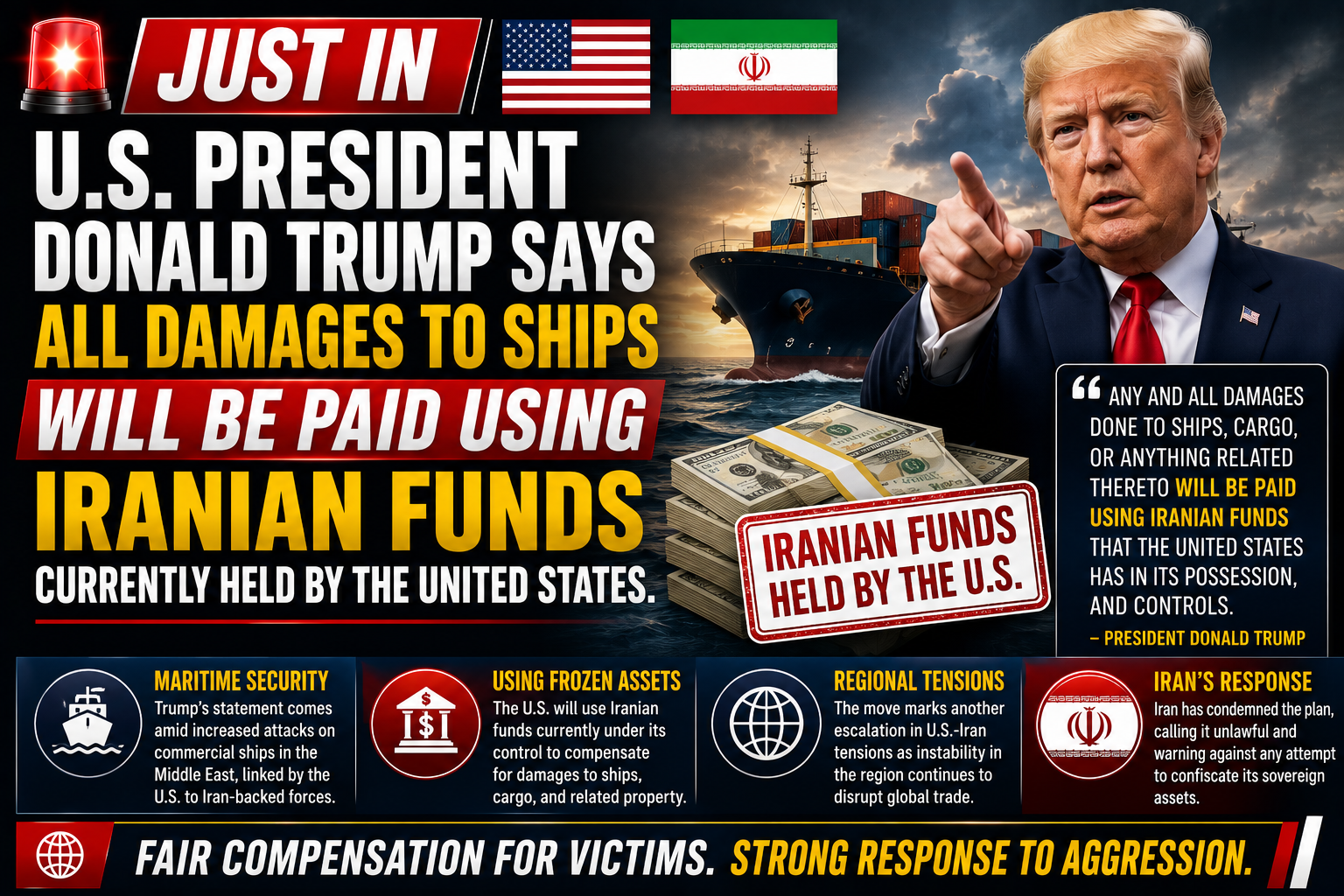 U.S. to Use Iranian Funds to Cover Ship Damage, Trump Says
