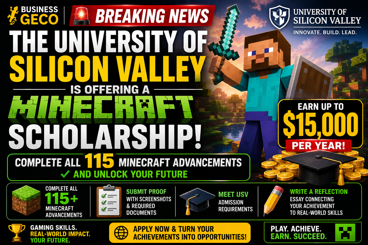 University of Silicon Valley Offers $15,000 Scholarship for Completing Every Minecraft Advancement