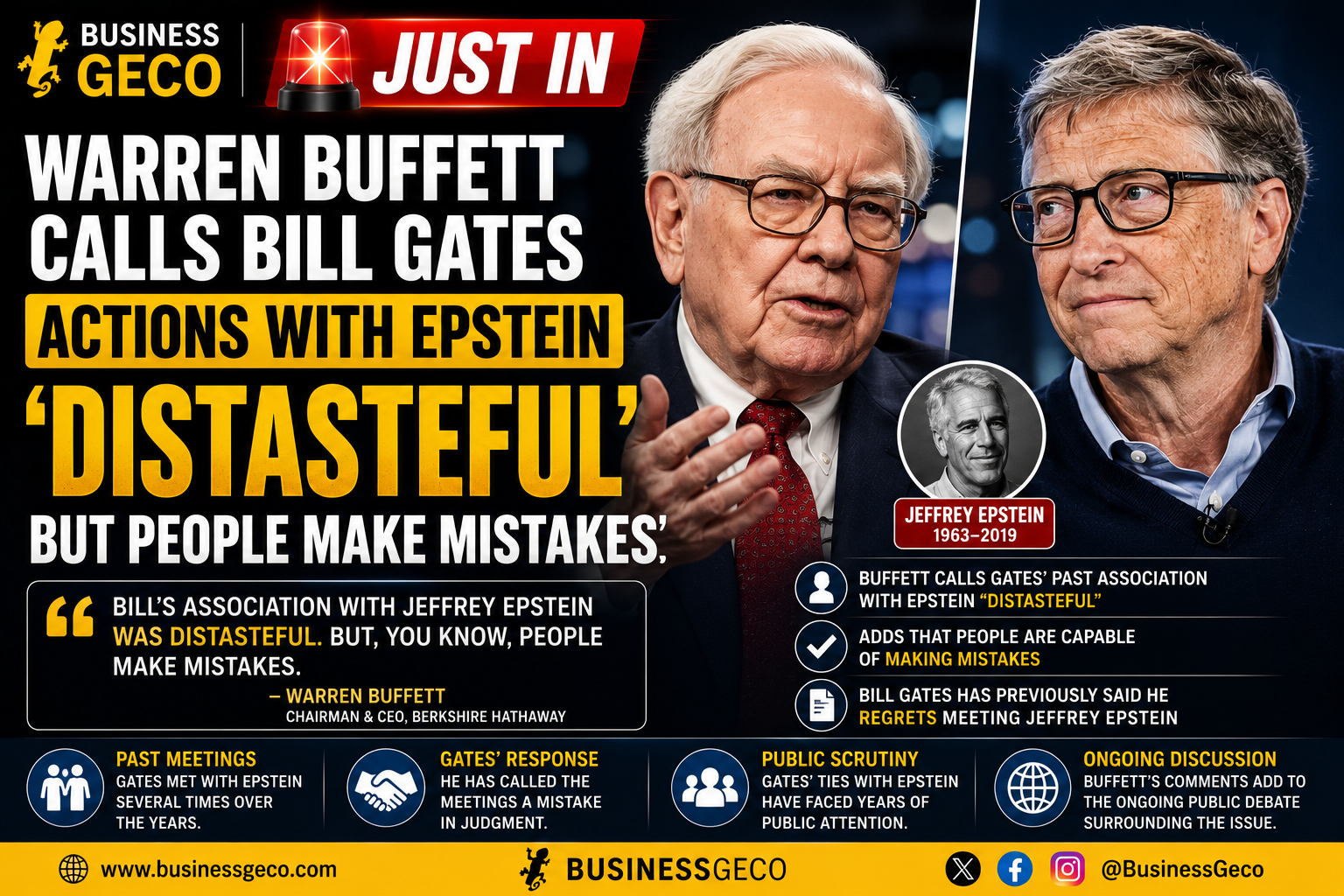 Warren Buffett Says Bill Gates' Association With Jeffrey Epstein Was Distasteful, but Adds That People Make Mistakes