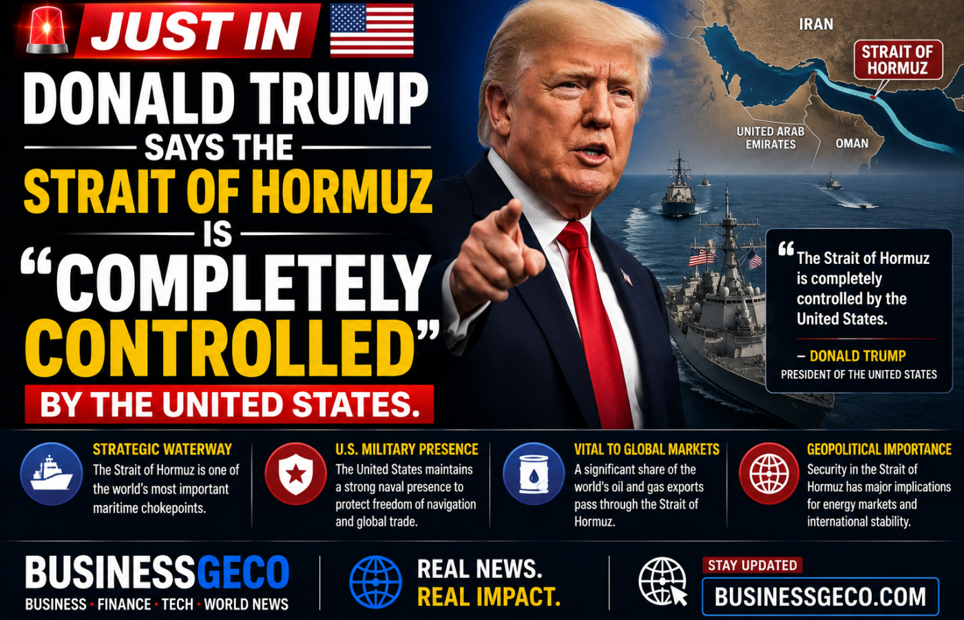 Donald Trump Says the Strait of Hormuz Is “Completely Controlled” by the United States